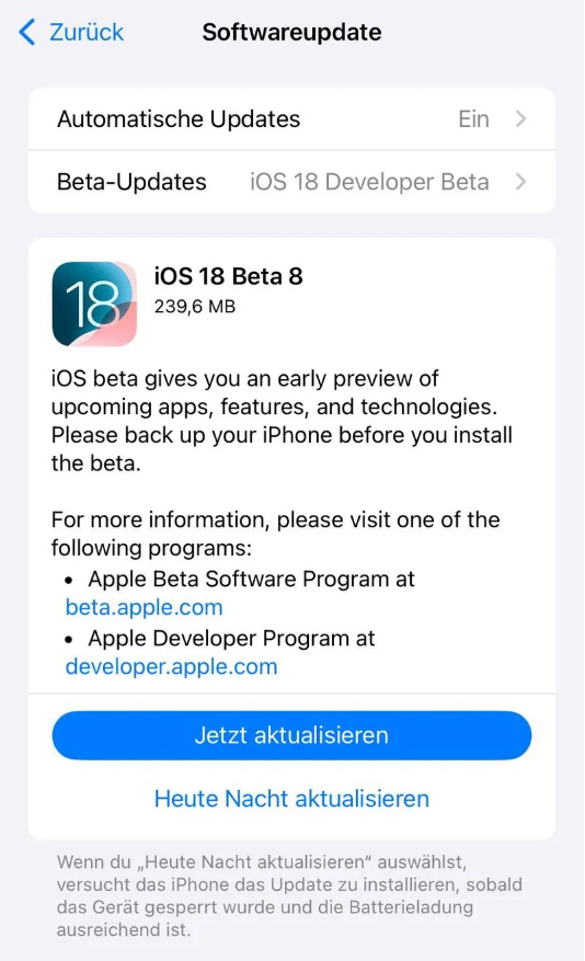 延长苹果手机维修分享苹果 iOS / iPadOS 18 开发者预览版 Beta 8 发布 